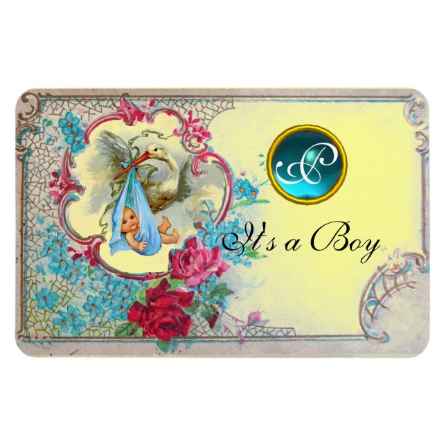 STORK BABY BOY SHOWER MONOGRAM, gelb Magnet (Horizontal)