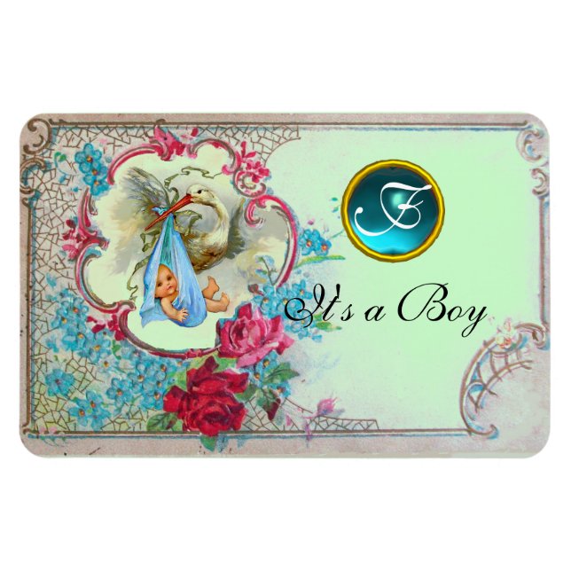 STORK BABY BOY SHOWER MONOGRAM, grün Magnet (Horizontal)
