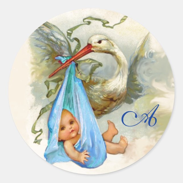 STORK BABY BOY SHOWER MONOGRAM , RUNDER AUFKLEBER (Vorderseite)
