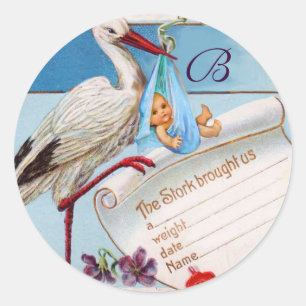 STORK BABY BOY SHOWER MONOGRAM RUNDER AUFKLEBER