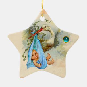 STORK BABY BOY SHOWER STAR MONOGRAM BLUE SAPPHIRE KERAMIKORNAMENT