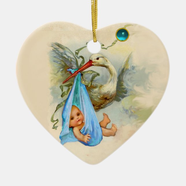 STORK BABY BOY SHOWHERZ MONOGRAM BLAUE SAPPHIRE KERAMIKORNAMENT (Vorne)