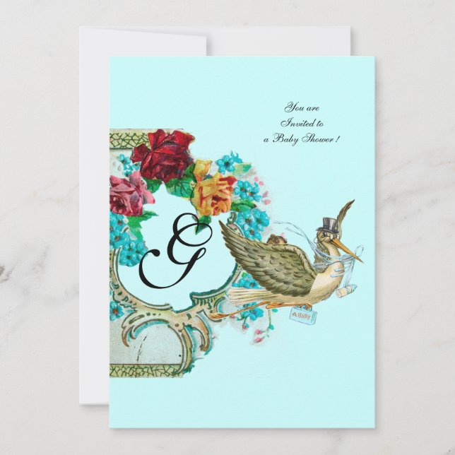 STORK BABY DUSCHE 3 MONOGRAMM EINLADUNG (Vorderseite)