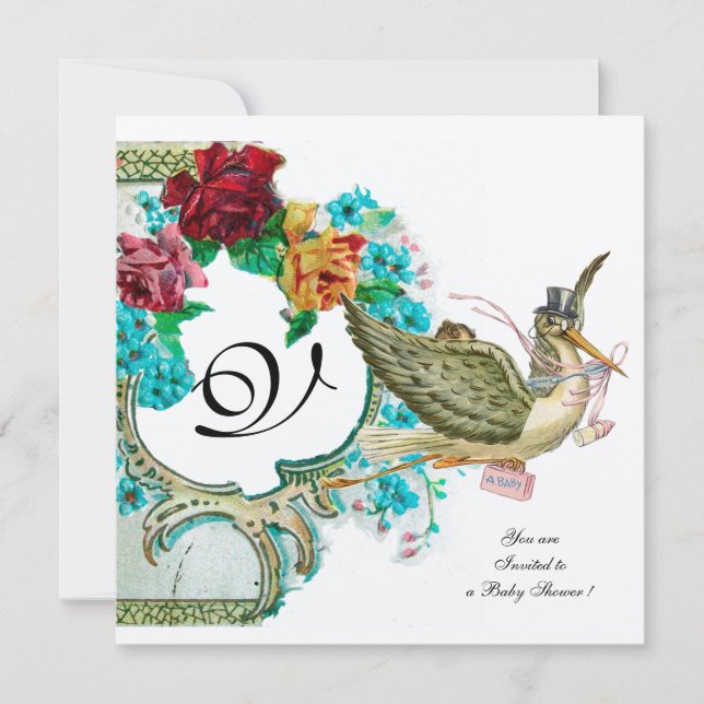 STORK-BABY-DUSCHE 3 MONOGRAMM, gold-metallisch Einladung (Vorderseite)