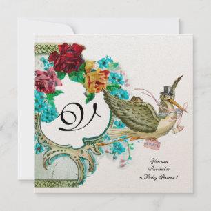 STORK-BABY-DUSCHE 3 MONOGRAMM, gold-metallisch Einladung