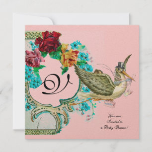 STORK-BABY-DUSCHE 3 MONOGRAMM, gold-metallisch Einladung