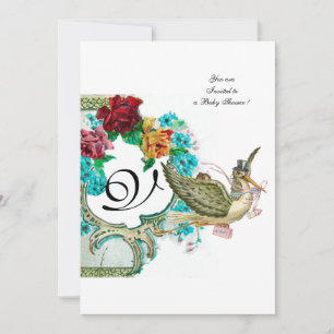 STORK BABY DUSCHE 3 MONOGRAMM, weiß Einladung