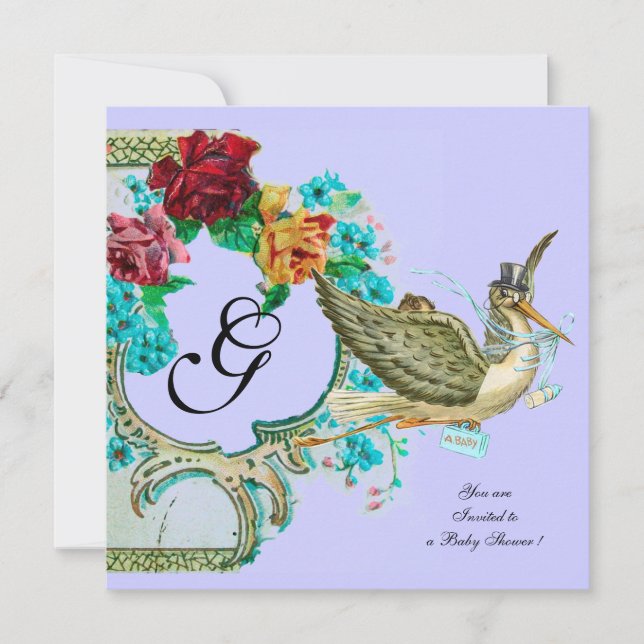 STORK BABY DUSCHE 3 MONOGRAMM weiß Einladung (Vorderseite)