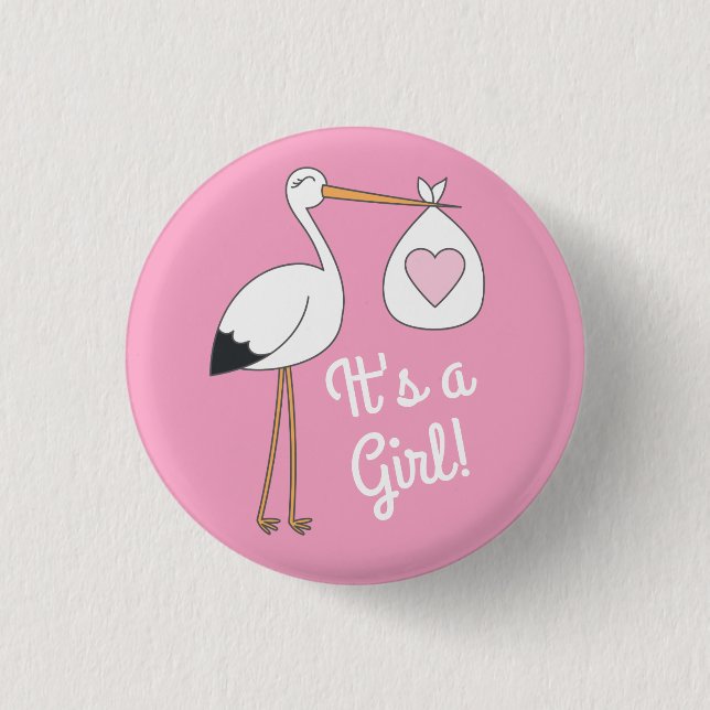 Stork Baby Dusche Pink Girl Niedlicher Cartoon Button (Vorderseite)