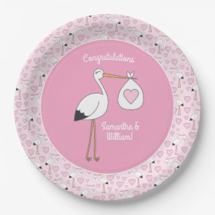 Stork Baby Dusche Pink Girl Niedlicher Cartoon Pappteller