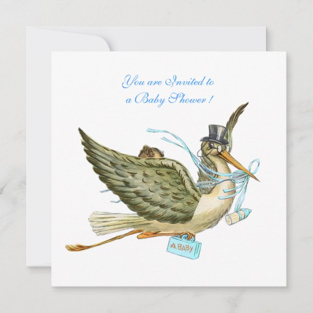 STORK BABY DUSCHE, weiß Einladung (Vorderseite)