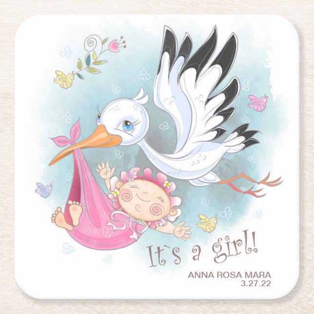 *~* Stork Baby Girl Birds Blume Babydusche Rechteckiger Pappuntersetzer (Vorderseite)