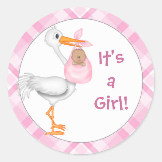 Stork & Baby Girl (dunklere Haut) Kinderankündigun Runder Aufkleber