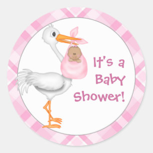 Stork & Baby Girl (dunklere Haut) Kinderdusche Runder Aufkleber