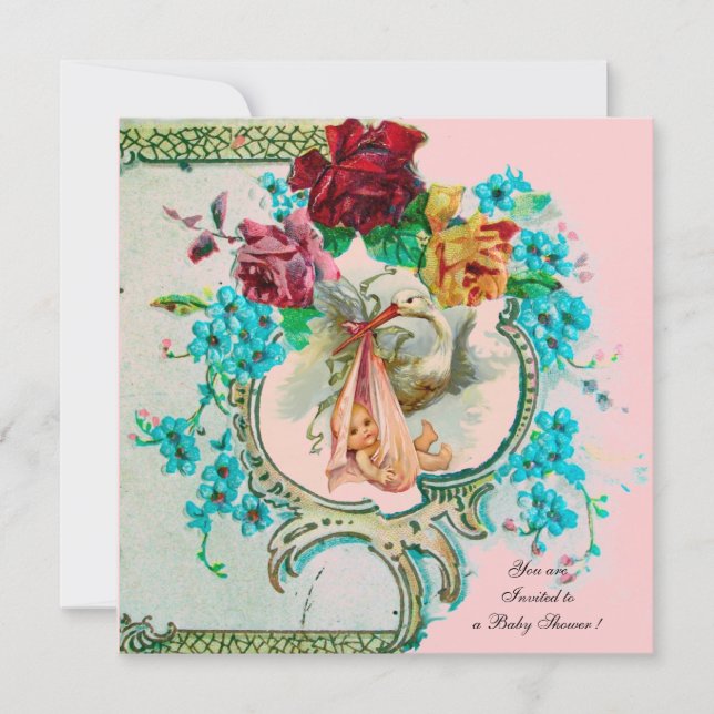STORK BABY GIRL DUSCHE / PINK ROSES UND BLUE FLOWE EINLADUNG (Vorderseite)