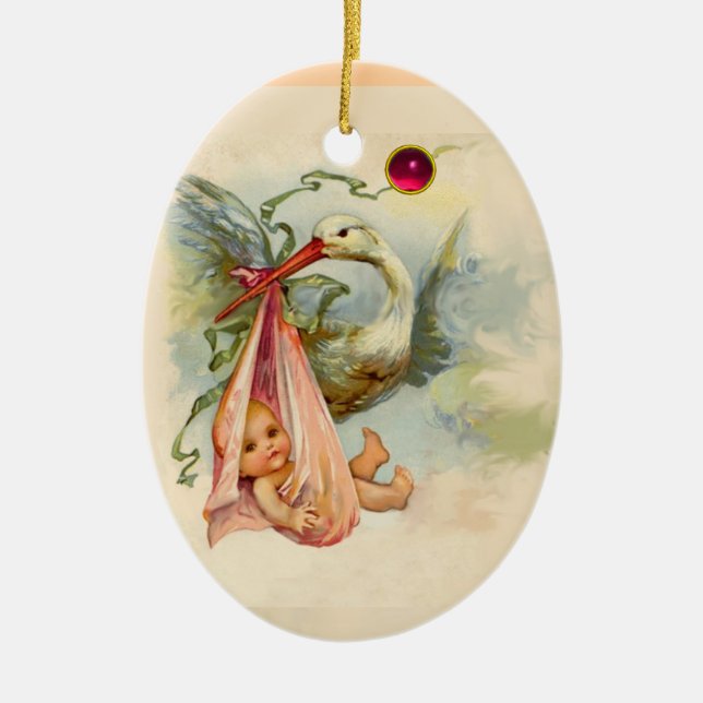 STORK BABY GIRL DUSCHMONOGRAM RED RUBY KERAMIKORNAMENT (Vorne)