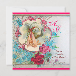 STORK BABY GIRL DUSCHPINK BLAUE FLORAL MONOGRAM EINLADUNG
