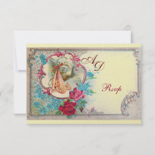 STORK BABY GIRL DUSCHPINK BLAUE FLORAL MONOGRAM RSVP KARTE
