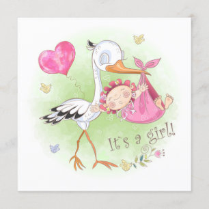 *~* Stork Baby Girl Herz Blume Kinderdusche Einladung