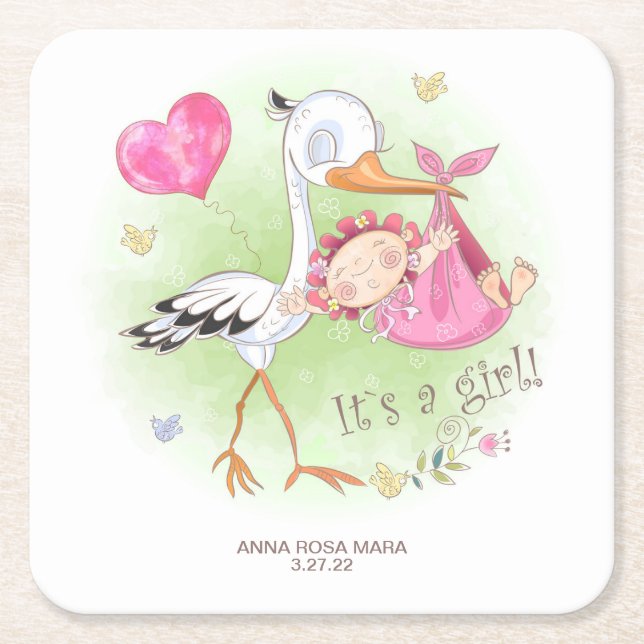 *~* Stork Baby Girl Herz Blume Kinderdusche Rechteckiger Pappuntersetzer (Vorderseite)