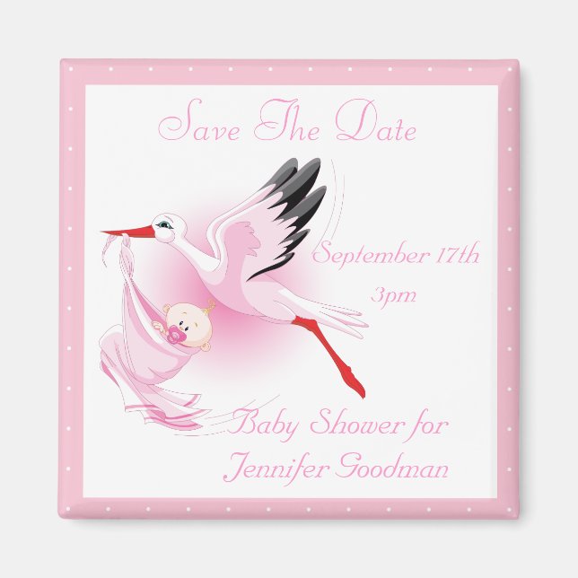 Stork & Baby Girl Pink Save the Date Babydusche Magnet (Vorne)