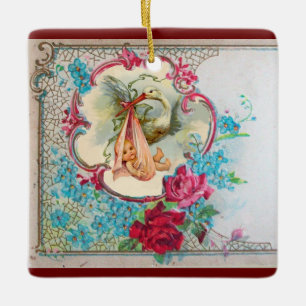 STORK BABY GIRL SHOWER 2 Pink Amethyst Keramikornament