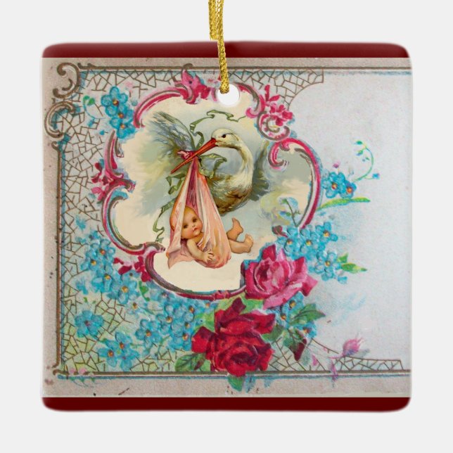 STORK BABY GIRL SHOWER 2 Pink Amethyst Keramikornament (Vorderseite)