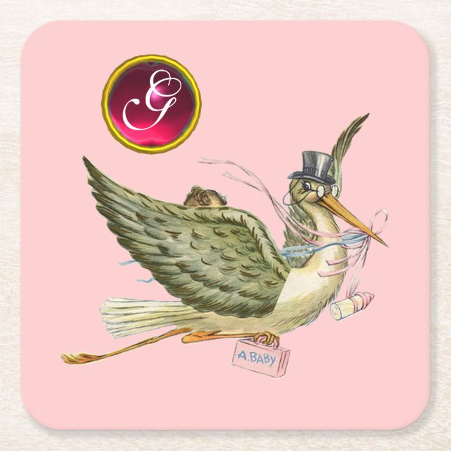 STORK BABY GIRL SHOWER GEM MONOGRAM RECHTECKIGER PAPPUNTERSETZER (Vorderseite)