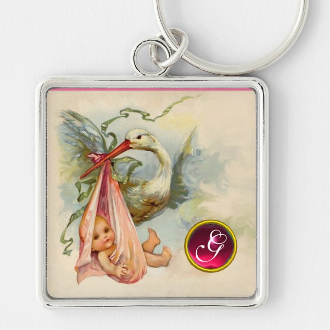 STORK BABY GIRL SHOWER GEM MONOGRAM SCHLÜSSELANHÄNGER (Vorne)