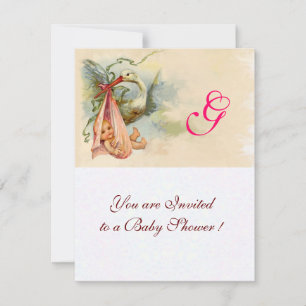 STORK BABY GIRL SHOWER MONOGRAM EINLADUNG