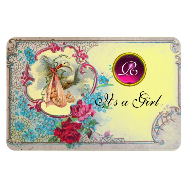 STORK BABY GIRL SHOWER MONOGRAM MAGNET (Horizontal)