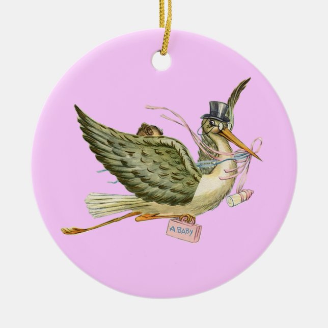 STORK BABY GIRL SHOWER MONOGRAM Red Ruby Keramik Ornament (Vorne)