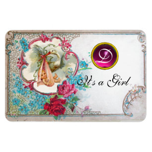 STORK BABY GIRL SHOWER MONOGRAM, weiß Magnet