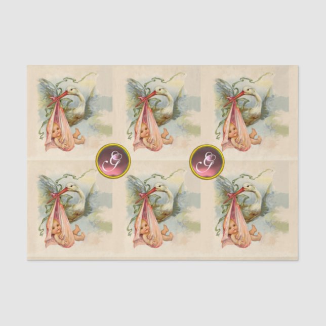 STORK BABY GIRL SHOWER PINK GEM STONE MONOGRAM SEIDENPAPIER (Vorderseite)