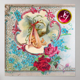 STORK BABY GIRL SHOWER Ruby Gem Stone Monogramm Poster