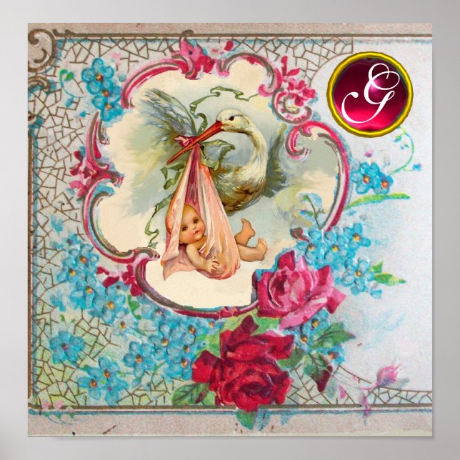 STORK BABY GIRL SHOWER Ruby Gem Stone Monogramm Poster (Vorne)
