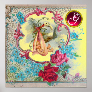 STORK BABY GIRL SHOWER Ruby Gem Stone Monogramm Poster
