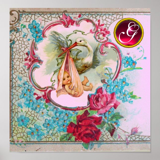 STORK BABY GIRL SHOWER Ruby Gem Stone Monogramm Poster (Vorne)