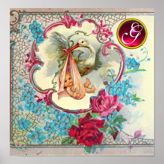 STORK BABY GIRL SHOWER Ruby Gem Stone Monogramm Poster (Vorne)