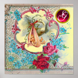 STORK BABY GIRL SHOWER Ruby Gem Stone Monogramm Poster
