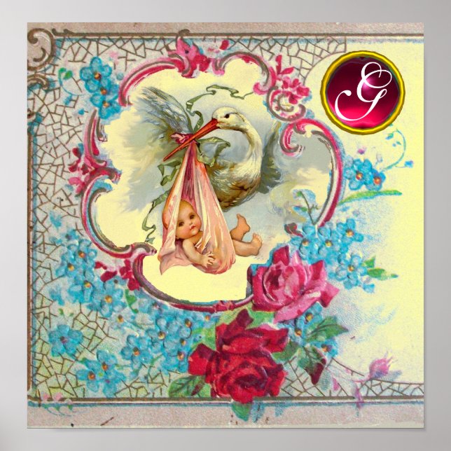 STORK BABY GIRL SHOWER Ruby Gem Stone Monogramm Poster (Vorne)