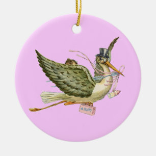 STORK BABY GIRL SHOWM MONOGRAM Red Ruby Keramik Ornament