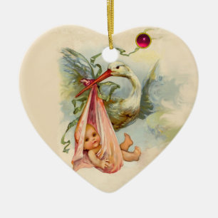 STORK BABY MÄDCHEN 2 HERZMONOGRAMM ROTE RUBY KERAMIK ORNAMENT