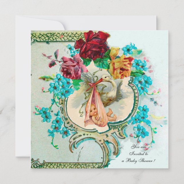 STORK BABY MÄDCHEN DUSCHE, PINKROSEN UND BLAUE BLU EINLADUNG (Vorderseite)