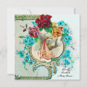 STORK BABY MÄDCHEN DUSCHE, PINKROSEN UND BLAUE BLU EINLADUNG