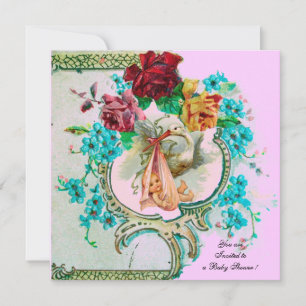 STORK BABY MÄDCHEN DUSCHE, PINKROSEN UND BLAUE BLU EINLADUNG
