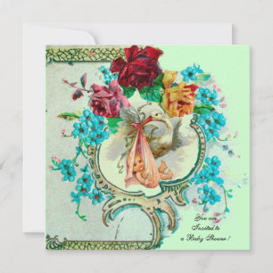 STORK BABY MÄDCHEN DUSCHE, PINKROSEN UND BLAUE BLU EINLADUNG