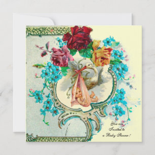 STORK BABY MÄDCHEN DUSCHE, PINKROSEN UND BLAUE BLU EINLADUNG