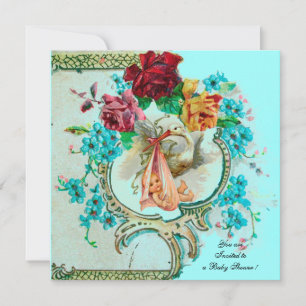 STORK BABY MÄDCHEN DUSCHE, PINKROSEN UND BLAUE BLU EINLADUNG