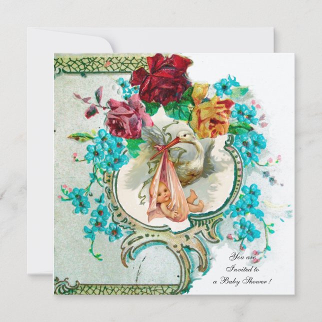 STORK BABY MÄDCHEN DUSCHE, PINKROSEN UND BLAUE BLU EINLADUNG (Vorderseite)